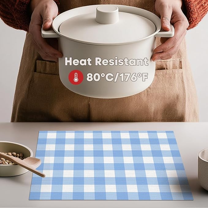 Artoid Mode Buffalo Plaid Vinyl Placemats Set of 4, 12x18 Inch Washable Non-Slip Heat Resistant Plastic Place Mats for Party Dining Table, Blue/White