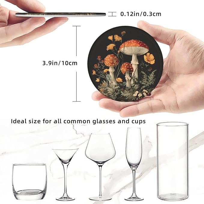 Mushroom Coasters for Drinks with Holder Round Leather Coasters Set of 6 Cups Mugs Mat Pad for Home Kitchen Bar