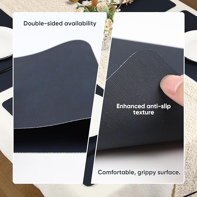 Dark Blue Reversible Faux Leather Placemats – Set of 6 Waterproof, Heat-Resistant & Easy-to-Clean Table Mats for Modern Dining