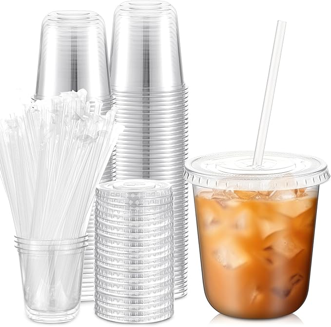 50 Sets Clear Plastic Cups with Lids and Straws, Disposable Iced Coffee Cups Drinking PET for Cold Drinks, Juice, Smoothie, Coffee Shops, Party, Christmas(Clear,12 oz)