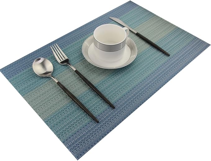 Placemats Washable Easy to Clean PVC Placemat for Kitchen Table Heat-resistand Woven Vinyl Hard Table Mats 12x18 inches Set of 4 （Blue）