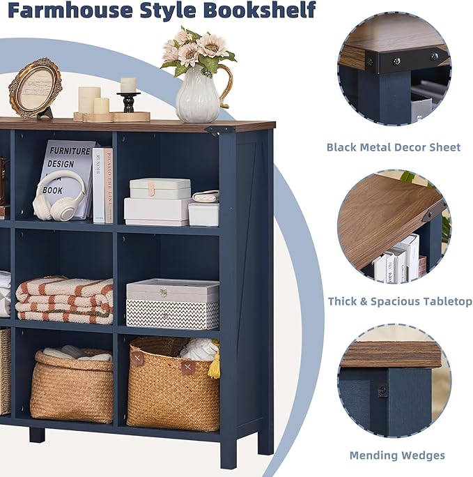 12 Cube Storage Organizer, Farmhouse 62 Inch Wide Navy Blue Display Bookshelf, Wooden 3 Tier Large Open Book Shelf, Vintage Bookcase for Home Office, Cubby Cabinet for Living Room, Bedroom