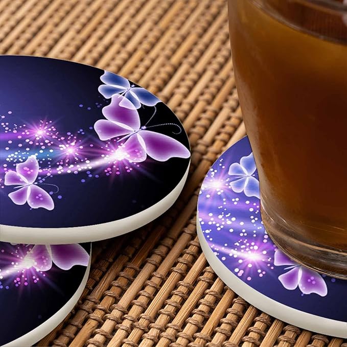 Flowers and Butterfly Drink Coasters Modern Beautiful Fly Animal Shine in Dark Housewarming Presentss for New Home Present for Friends,2 Pcs,4 X 4 X 0.35 Inches for Men Women