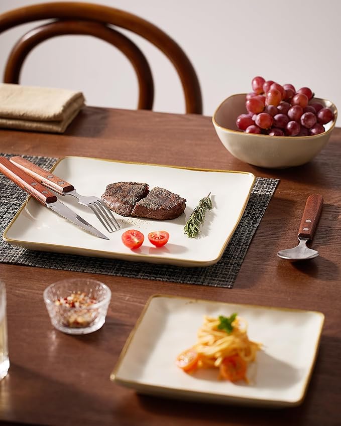 Famiware Ocean Square Plates and Bowls Set, 18 Pieces Dinnerware Sets, Dishes Set for 6, Microwave and Dishwasher Safe, Scratch Resistant, Vanilla White