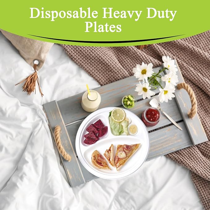 three leaf 10" 3 COMPARTMENT BAGASSE ROUND PLATE, 500 Ct. Heavy-Duty- Super Strong- Natural- Eco-Friendly Disposable Bagasse Plates, 100% Biodegradable 10 inch 3 compartment plates