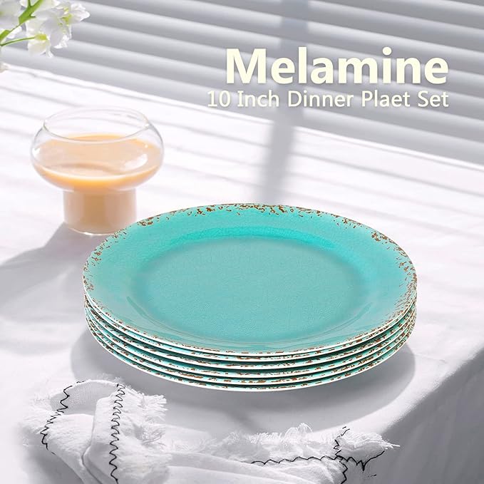 Gourmet Art Crackle 10 Inch Melamine Dinner Plates Set of 6 Aquamarine
