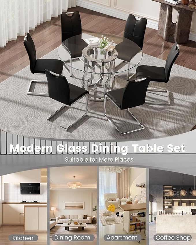 47.2" Round Glass Dining Table Set for 6, Modern 7 Piece Kitchen Table Set with Silver Stainless Steel Base & 6 PU Leather Accent Chairs, Saving Space, Dining Set for Apartment, Home - Black Chair
