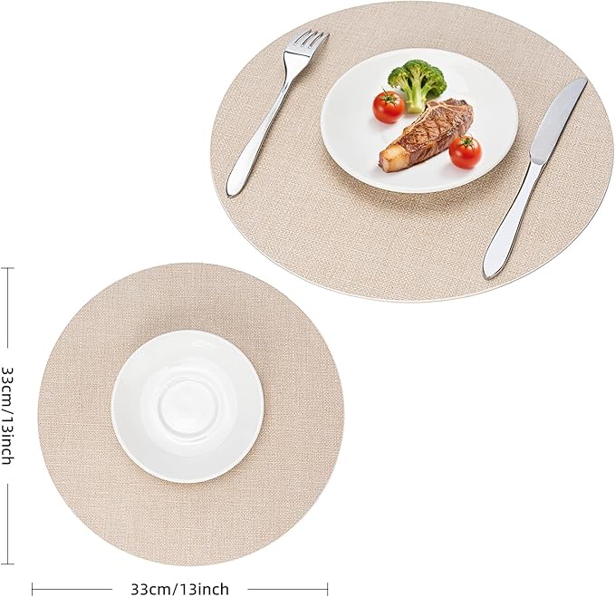 Round Wipeable Placemats Set of 4 – Faux Leather Round Table Mats, Waterproof & Washable Vinyl Placemats, Circle Design for Dining Table Decor– Ivory Beige