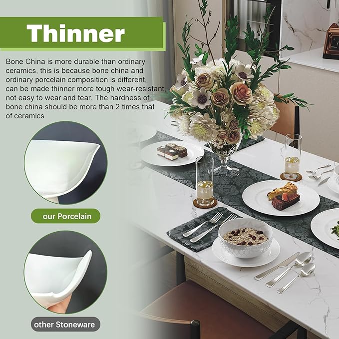Yoshy 12-Piece White Bone China Dinnerware with Lightweight Durable Chip Resistant Design Service for 4 (18 Piece - Service for 6, Interlace)