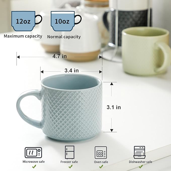 HASENSE Coffee Mugs 12 OZ Ceramic Cups Set of 4, Stackable Embossed Coffee Cups with Rack, Porcelain Coffee Cups for Latte, Cappuccino, Mocha, Cocoa, Americano, Hot Tea and Milk, Multi Color