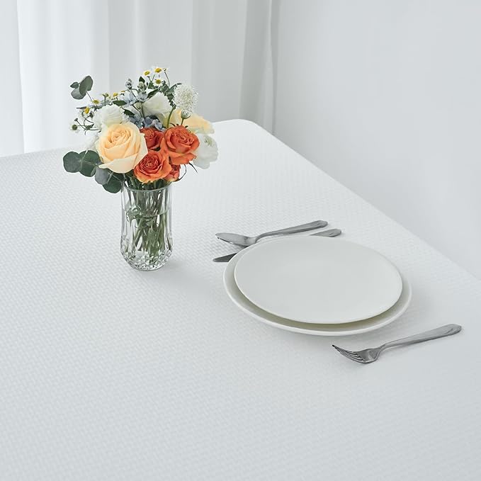 maxmill Rectangle Tablecloth Weaved Pattern Waterproof Spillproof Wrinkle Free Table Cloth, Kitchen Dining Tabletop Decoration, Fabric Table Cover for Holiday Parties, 52 x 70 Inch, White