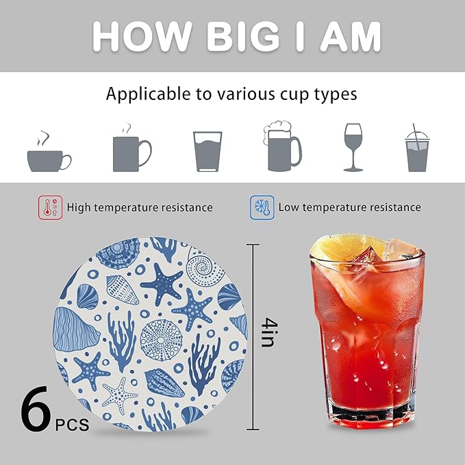 Summer Beach Set of 6 Coasters for Drinks Absorbing Round Ceramic Stone Coaster with Cork Base,Tabletop Protection Mat for Mugs and Cups,Office,Kitchen