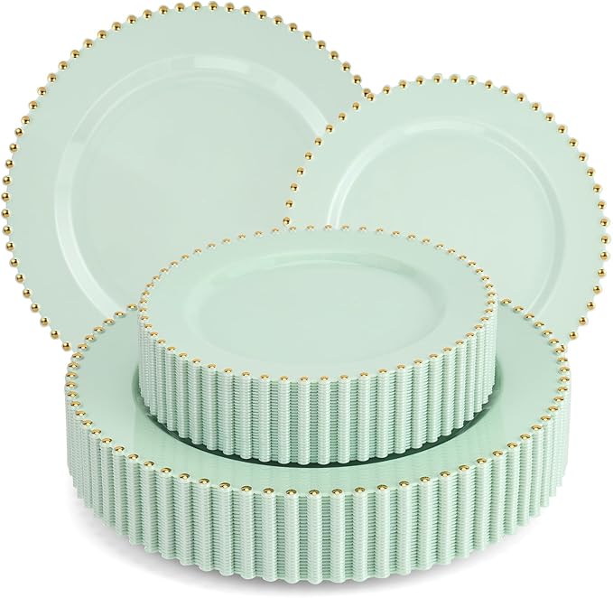 EI 60pcs Green Plastic Plates with Gold Rim,Disposable Heavy Duty Sage Green and Gold 10.25" Dinner & 7.5" Dessert Plastic Plate for Birthday,Afternoon Tea,Wedding,Spring,Valentine's Day,Easter