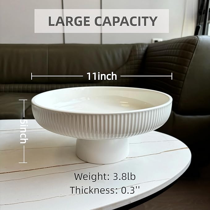 Ceramic Fruit Bowl,11" Decorative Bowl, Large Fruit Bowl for Kitchen Counter, Pedestal Bowl, Kitchen Counter Décor, Bread Candy Snacks Organizer, White (5.3 lbs, 68oz)