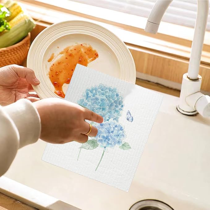 Spring Floral Swedish Dishcloths for Kitchen, Swedish Dish Cleaning Cloths for Hydrangea, Papaya Reusable Paper Towels, 4 Pack Dish Towels for Kitchen, Reusable Paper Dishcloths Washable