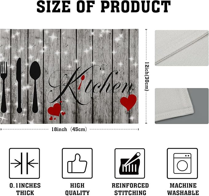 Farmhouse Kitchen Table Placemats - Rustic Place Mats Set of 4 Heart Wood Table Mats 12x18 for Party Kitchen Dining Grey