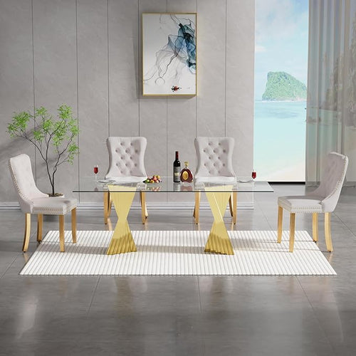 5 Piece Glass Dining Table Set,70" Dinner Room Glass Table Set for 4,Modern Kitchen Dinner Table Set with Stainless Steel Base and 4 Upholstered Velvet Dining Chairs for Living Dining Room