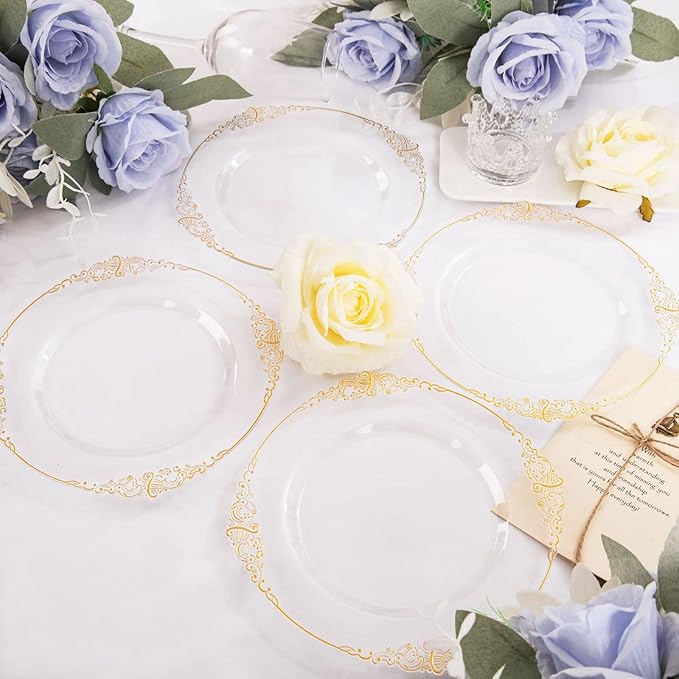 Morejoy 100pcs Gold Plastic Plates - Clear Gold Disposable Plates - 7.5 inch clear and gold dessert plates, Clear Plastic Plates with Gold Rim for Weddings & Parties & Shower