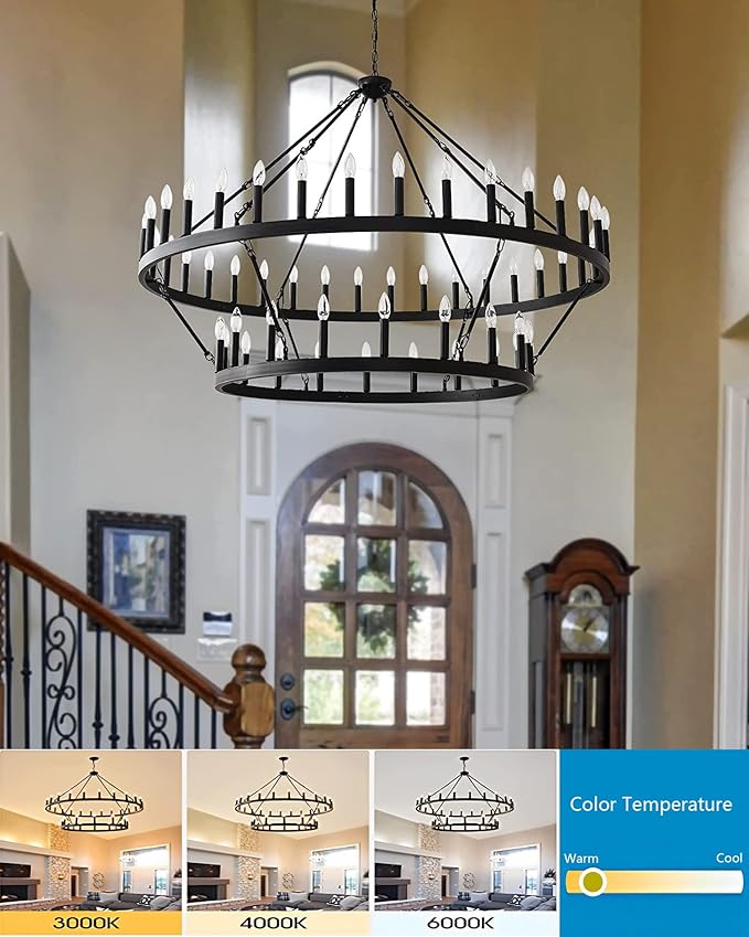 60 Inch Large Black Wagon Wheel Chandelier,2 Tier 54-Lights Farmhouse Industrial Country Style Round Pendant Light Fixture for Outdoor Porch high Ceilings Living Dining Room Foyer Entryway