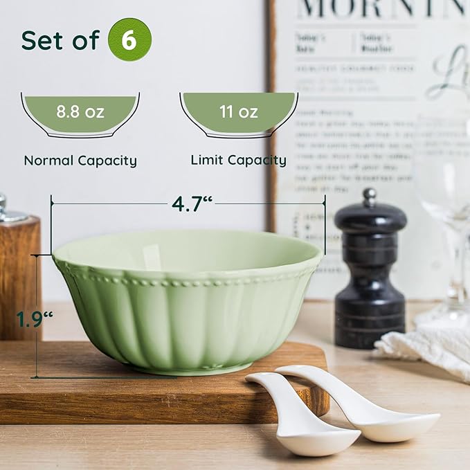HOMBENE Green Porcelain Fruit Bowls, 4.7 Inch Serving Bowls,Ice Cream Bowl, Kitchen Bowl Set, Microwave and Dishwasher Safe, Set of 6