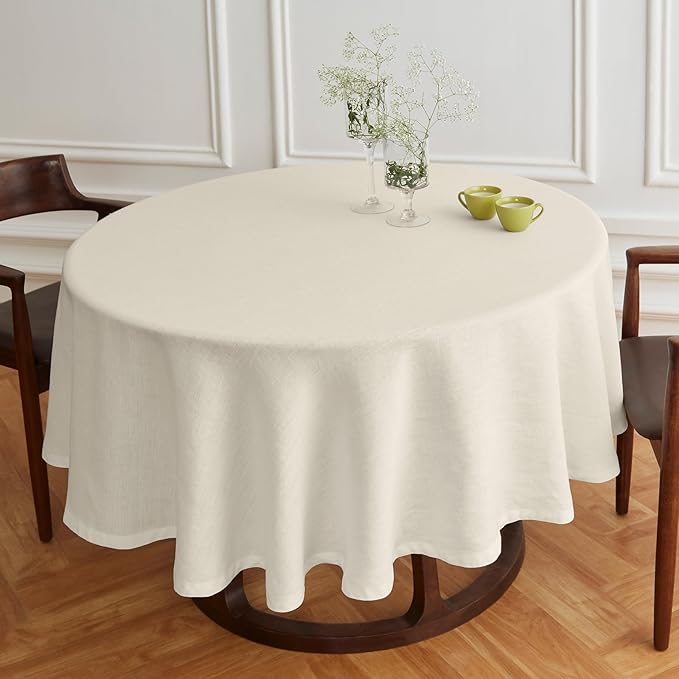 Solino Home Linen 60 Inch Round Tablecloth - 100% Pure Linen Ivory Round Tablecloth - Machine Washable Table Cloth for Spring, Easter - Sonoma