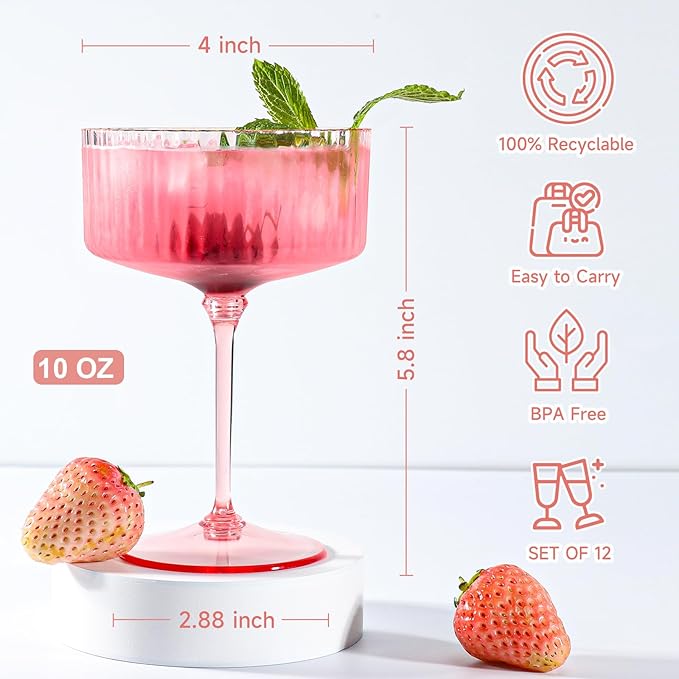 XUWAIDSGN 24 Pcs Champagne Martini Glasses 9 Oz with Gilded Removable Gold Rim Coupe Glasses Pink Martini Glasses Plastic Mimosa Vintage Coupe Glasses Set For Wedding Anniversary (24, Ribbed Pink)