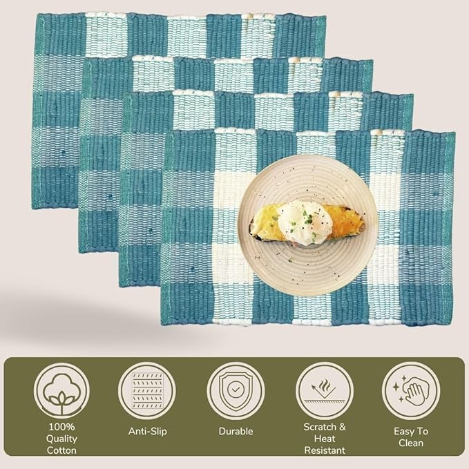 Perilla Home Cotton Placemat Set of 4 Table Mats for Kitchen Dining Home Decor Vintage Boho Rectangle Placemats (Teal and White 13"x19")