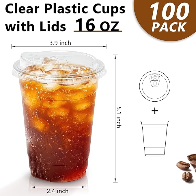 16 oz 100 Pack Clear Plastic Cups with Lids, Sturdy Iced Coffee Cups with Sip Lids, Disposable Food Safe Smoothie Cup for Cold Drinks, Juice, Milkshake