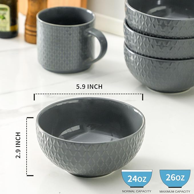 HASENSE Soup Bowls, Cereal Bowls Set of 4, 26oz Embossed Stoneware Porcelain Cereal Bowls, Large Ceramic Soup Bowls for Cereal, Oatmeal, Fruit, Salad, Noodle, Microwave Dishwasher Safe, Gray