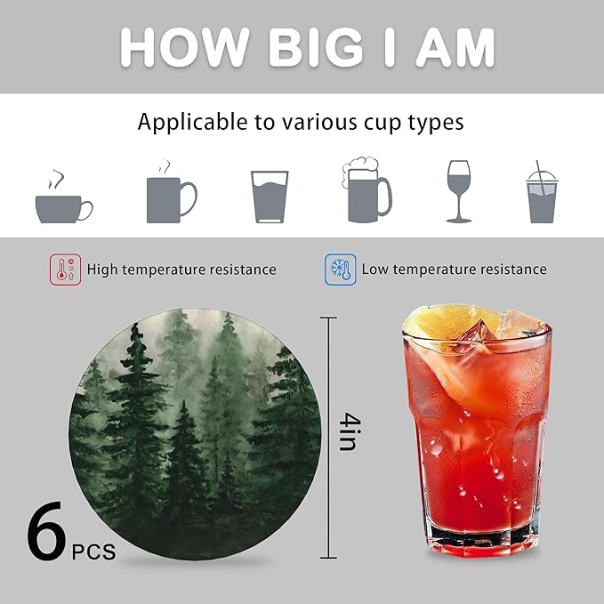 6 Pcs Drink Coasters with Holder, Watercolor Landscape Pine Forest Absorbent Round Ceramic Coaster for Tabletop Protection,for Coffee Cup Beverage Coasters Wine Beer Bar