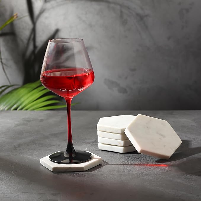 Set of 6 Hexagon Marble Coasters | White Decor for Modern Homes | Drink Coasters for Coffee Table, Dining, Bar or Office| Made from 100% Solid Real Marble | Cute Stone Coasters