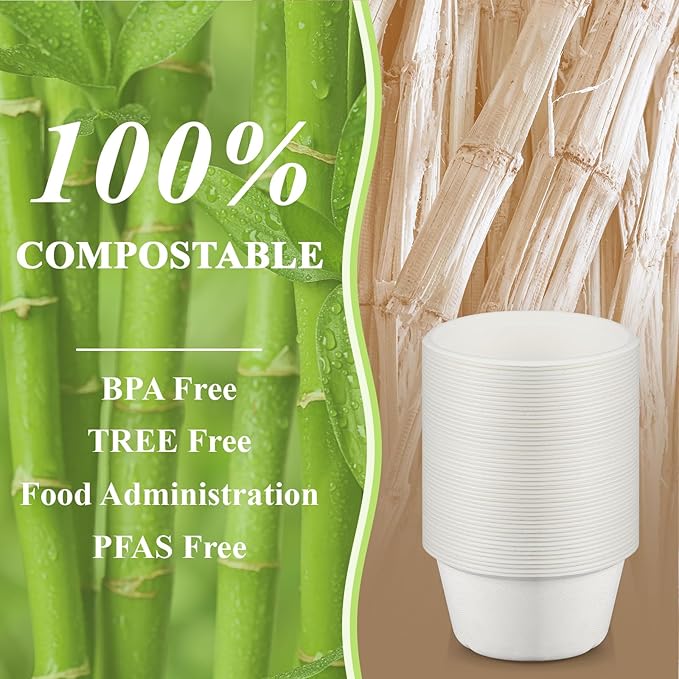 Tessco for you 100 Pack Large Disposable Salad Bowls Deep Heavy Duty Paper Bowls Sugarcane Fiber Compostable Biodegradable Microwave Safe for Hot Cold Soup Ramen Popcorn Pasta(32 oz,White Color)