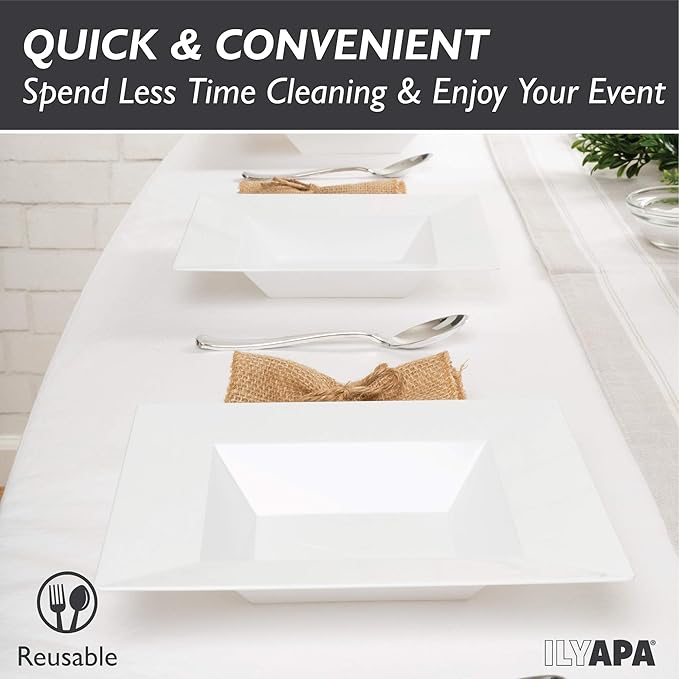 Ilyapa 50 Pack 12 ounce White Plastic Bowls, Heavy Duty Disposable White Square Bowl, Plastic 12oz for Soup, Dessert, Wedding & Party Brunch Accessories