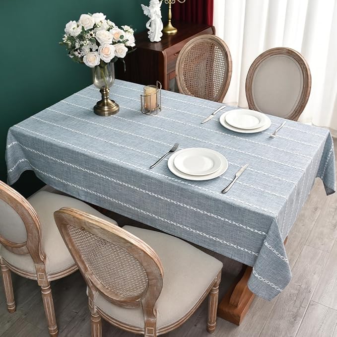 Zobesta Linen Table Cloth Blue Tablecloth Rectangle 98 x 53 Inch, Washable Farmhouse Soft Boho Blue Stripe Tablecloth for Party, Holiday, Picnic, Dining, Outdoor