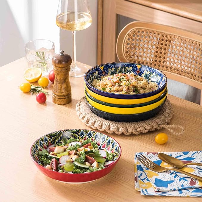 Henten Home 32 oz Porcelain Pasta Bowls Set, Salad Bowl Set of 6, Ceramic Dinner Serving Bowls for Soup, Cereal, Fruit, Bohemia Style, Microwave & Dishwasher Safe