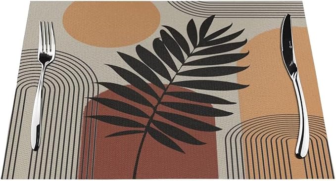 Art Boho Mid Century Placemats, Sun Brown Leaves Rainbow Color Blocks Modern Washable Place Mats 12x18Inch for Dining Kitchen Farmhouse Decor 6 PCS