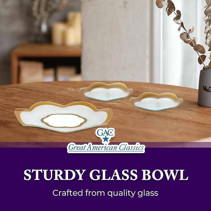 GAC Scalloped Tempered Glass Dessert Plates and Platters - Elegant Dinnerware & Decorative Plates with Gold Trim, Ideal for Serving Food, Special Occasions, and Presents - Set of 3