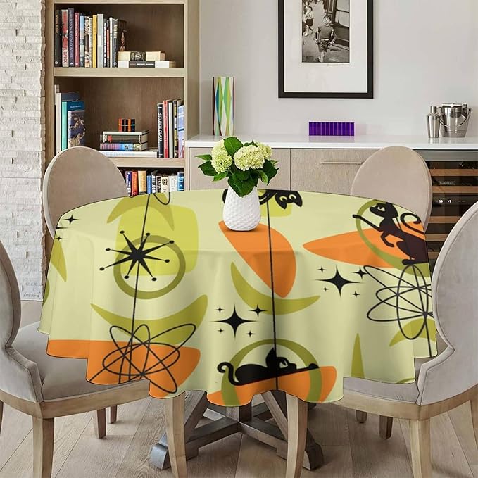Mid Century Black Cat Round Tablecloth, Vintage Modern Bohemian Abstract Geometric Retro Art Tablecloth for Home Party Dining Room Kitchen Decor 50Inch(127cm)