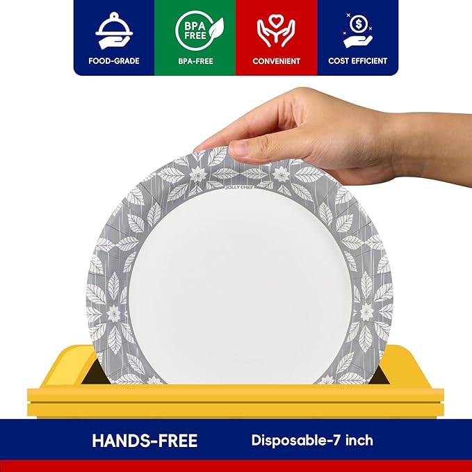 JOLLY CHEF 7 inch Disposable Paper Plates 150 Pack Heavy Duty Printed Dessert Plates for Thanksgiving or Everyday Use, Soak Proof, Cut Proof