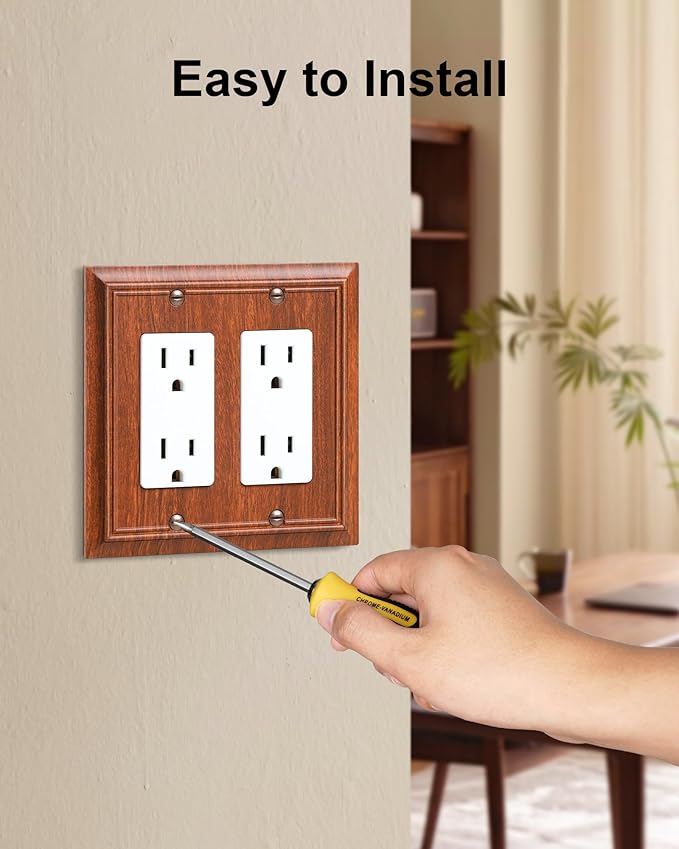 2-Pack Decorative Double Decorator Outlet Cover Plate, Wood Grain Durable Natural Bamboo Fiber Wall Plates for Electrical Outlets, Receptacle, GFCI Outlet, Dimmer Switch, 2-Gang, Corrosion Resistant