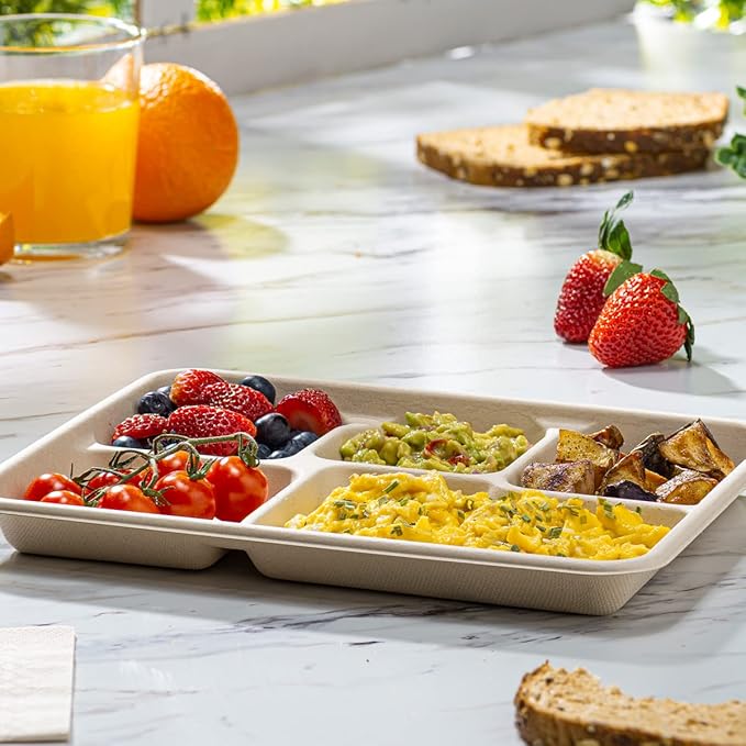 GUSTO [Case of 500 10 Inch Heavy-Duty 100% Compostable, 5 Compartment Eco-Friendly, Kraft Disposable Sugarcane Paper Plates - Brown Unbleached (Formerly Comfy Package