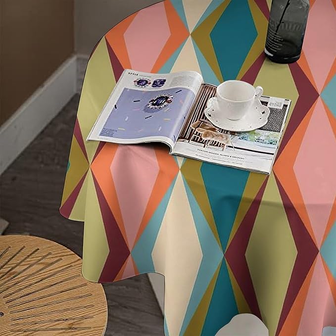 Abstract Geometric Boho Round Tablecloth, Retro Modern Mid Century Tablecloth for Home Party Dining Room Kitchen Decor 36Inch(90cm)