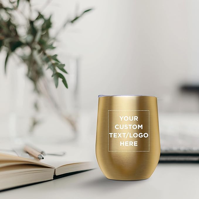 Custom Stemless Wine Glass Tumblers with Lids by Largo 11 oz. Set of 24, Personalized Bulk Pack - Perfect for Wine, Cocktails, Other Hot & Cold Beverages - Gold