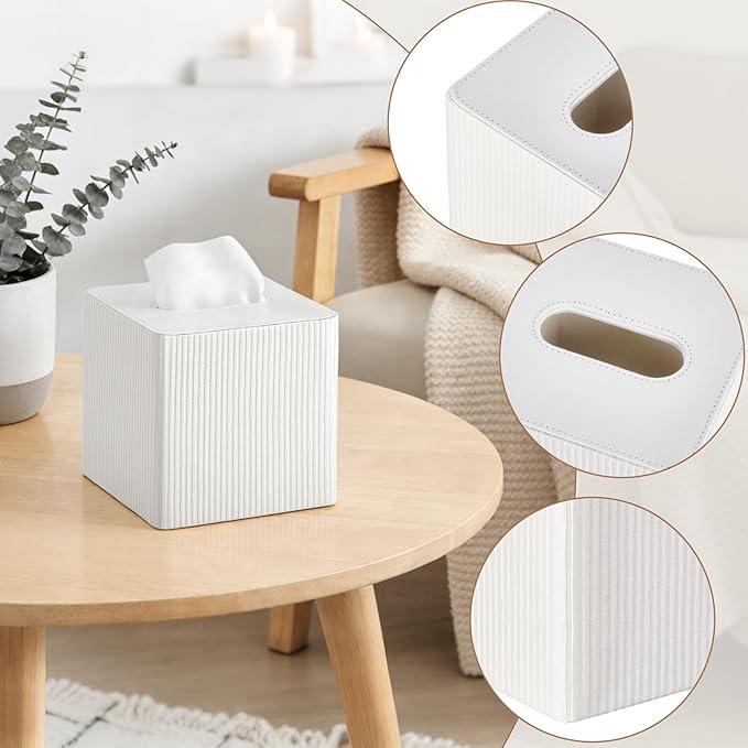 Mkono Tissue Box Cover PU Leather Square Tissue Box Holder with Bottom, Decorative Facial Cube Organizer for Bedroom Bathroom Dresser Vanity Countertop Night Stands Home Office Desk (Ivory)