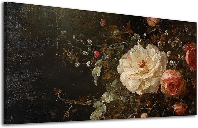 ADJUVANT Wall Art Vintage Peony And Rose Bouquet 60"L x 30"W, White Peony With Pink Roses Canvas Painting Elegant Floral Artwork Prints Botanic Wall Decor for Living Room Bedroom Dining Room Home Office