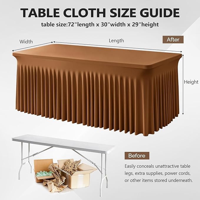 Wish Care 2 Pack Brown Spandex Table Clothes for 6 Foot Rectangle Tables, 6FT Wrinkle Free Fitted Tablecloths Ruffles Design Table Cover for Party, Banquet, Wedding and Events