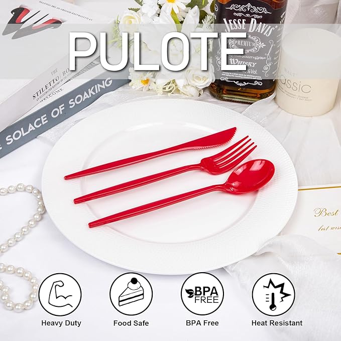 PULOTE 150PCS Red Plastic Silverware Set - Heavy Duty Plastic Cutlery - Red Utensils Disposable Include 50 Forks, 50 Spoons, 50 Knives for Party & Valentines Day