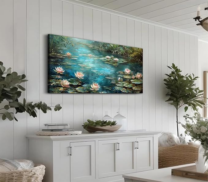 ADJUVANT Wall Art Impressionist Water Lily Pond 40" L x 20" W, Lotus Flower Canvas Painting Nature Artwork Green Water and Pink Blooms Prints Wall Decor for Living Room Bedroom Study Home Office
