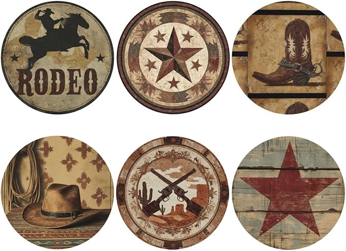 Western Cowboy Coasters for Drinks with Holder Round Leather Coasters Set of 6 Cups Mugs Mat Pad for Home Kitchen Bar