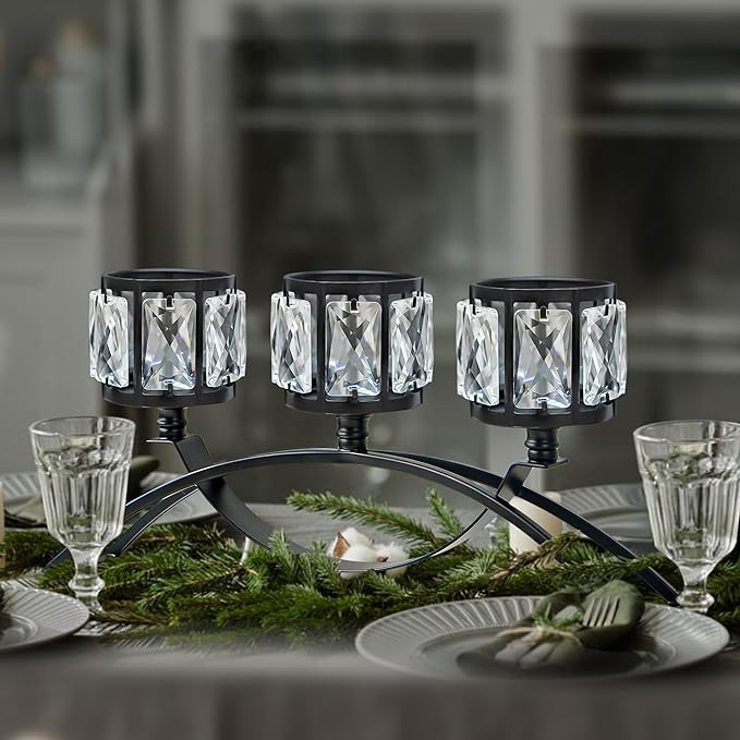 3 Arms Crystal Candle Holders, Arch Candlestick Table Candelabras Centerpieces for Wedding, Dinning Room, Cabinet Ornaments, Home Decoration， Gift (Black, 2 Pcs-3 Arm Arched)